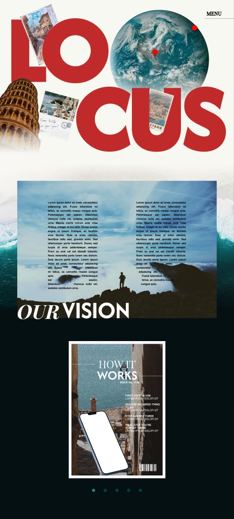 Locus identity: red wordmark, globe and travel collage