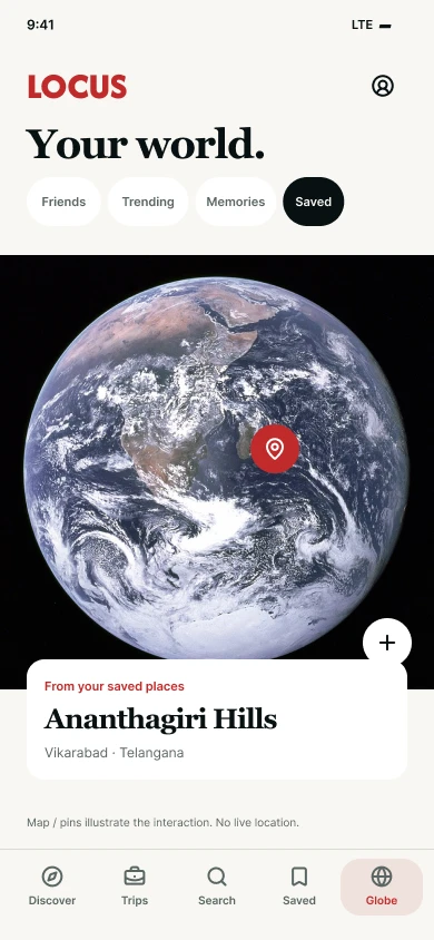 Locus app: saved places on the globe