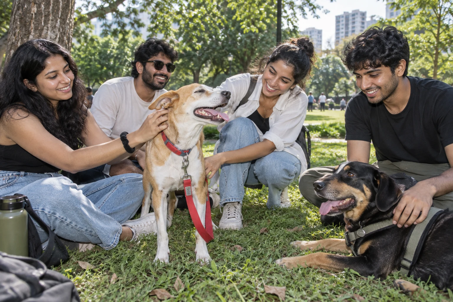 Friends spending an afternoon in the park with two dogs