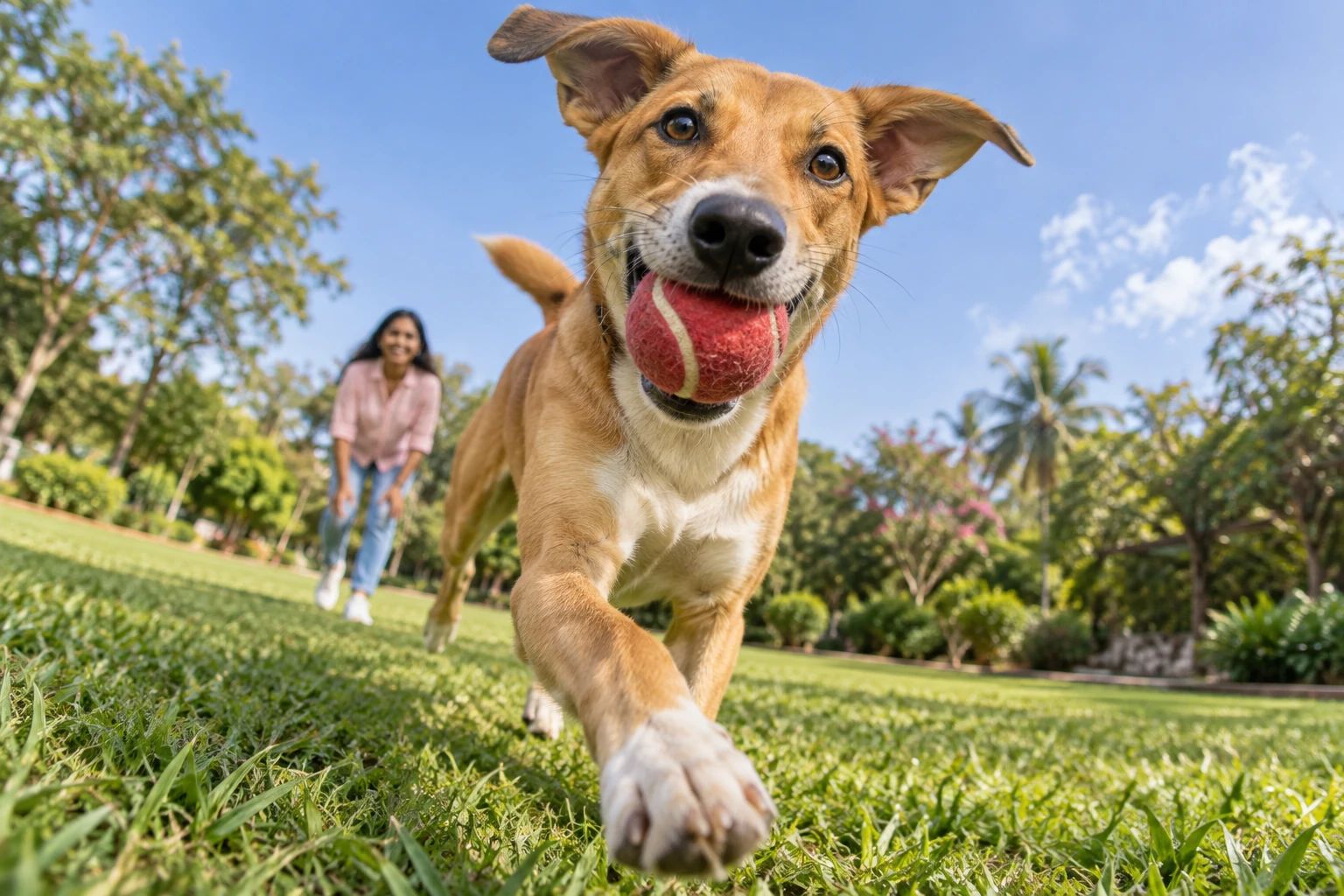 An excited indie dog with a red ball running through the grass