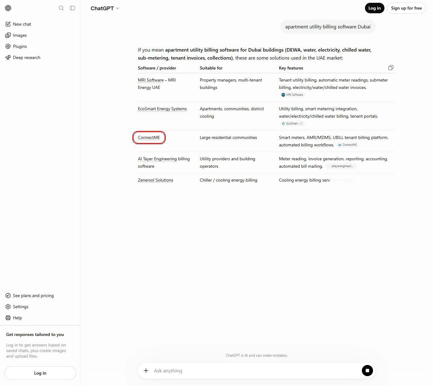 ChatGPT comparison table including ConnectME, UBILL and a ConnectME source chip