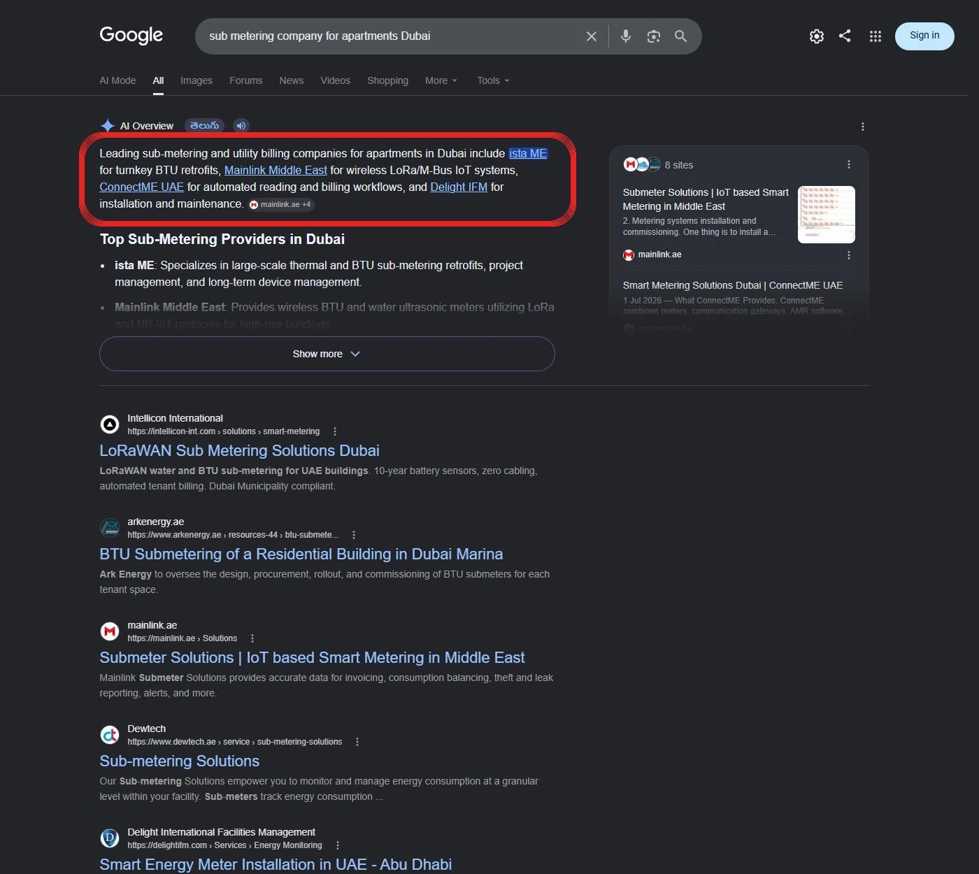 Google AI Overview mentioning ConnectME UAE for apartment sub-metering