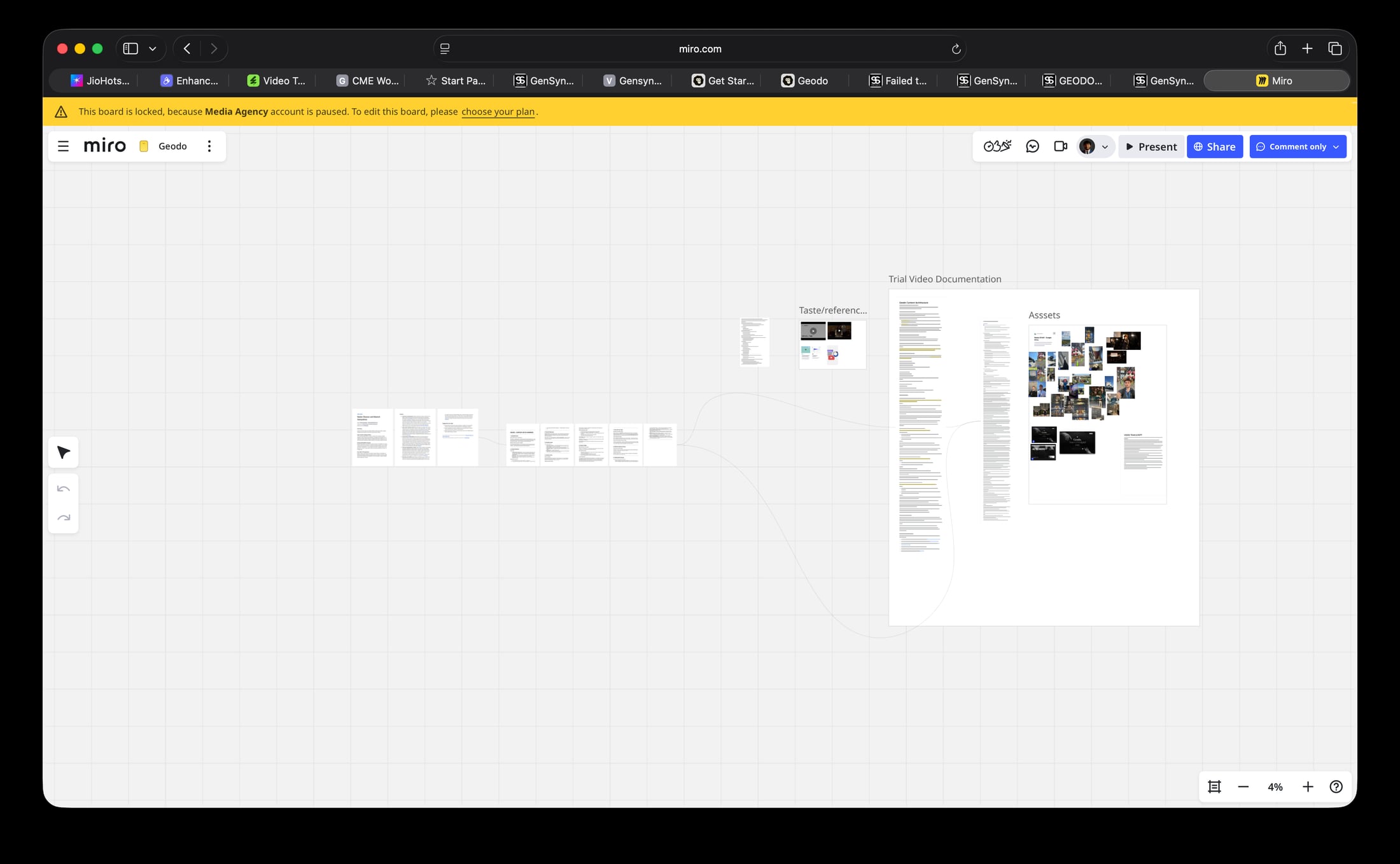 GEODO Miro planning board with scripts, reference material, content architecture, and asset documentation