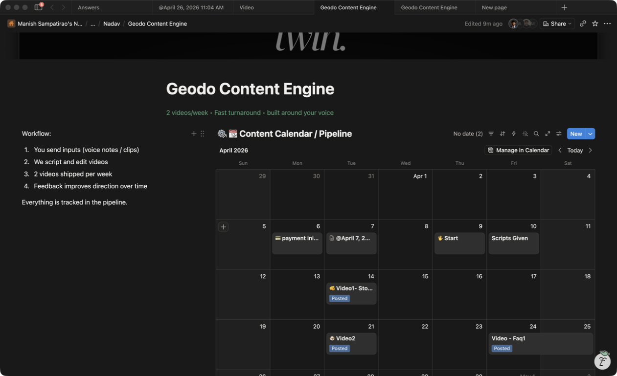 GEODO Notion content calendar and pipeline screenshot