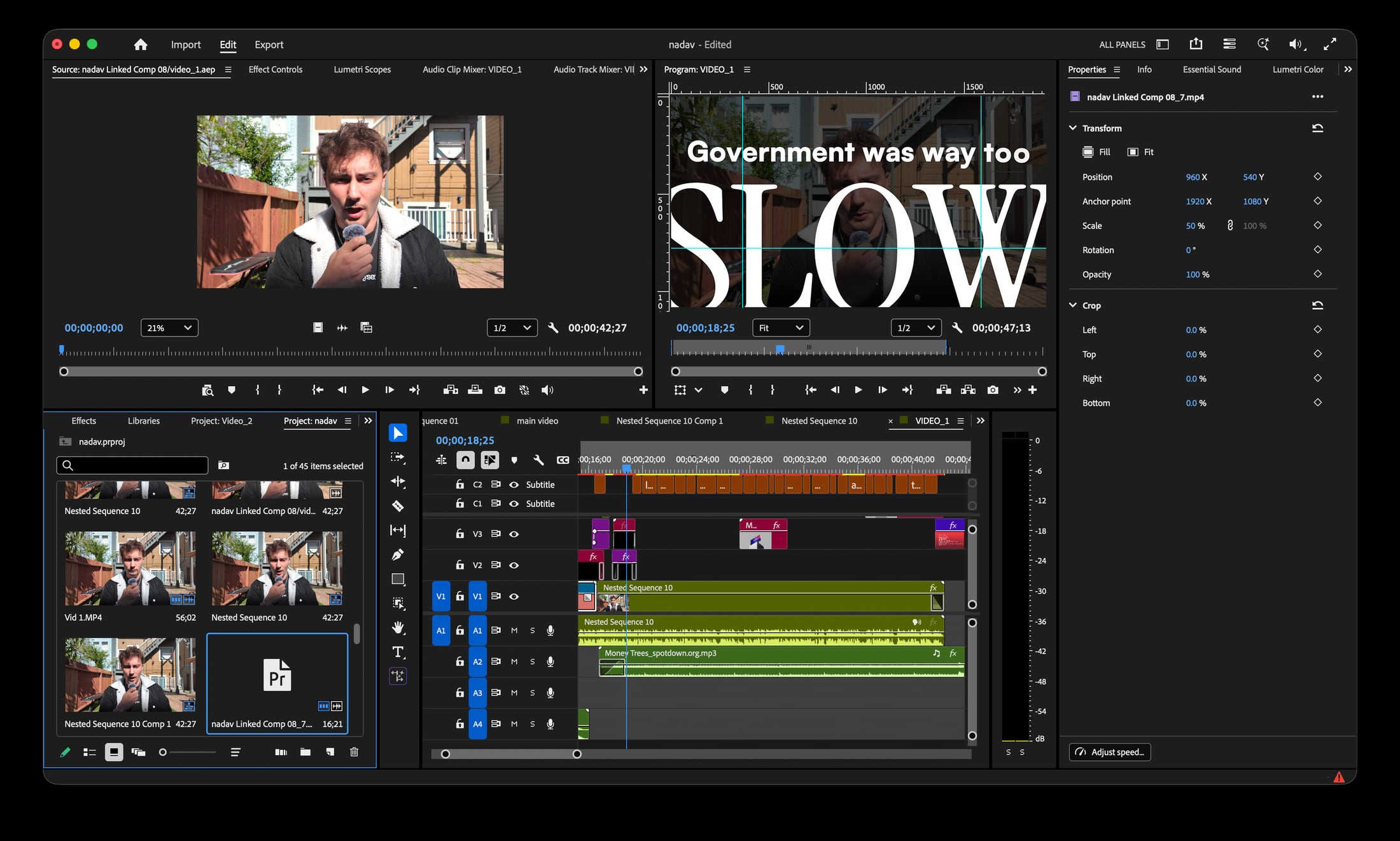 Adobe Premiere workspace for a GEODO edit with program monitor, source video, timeline, captions, and properties panel
