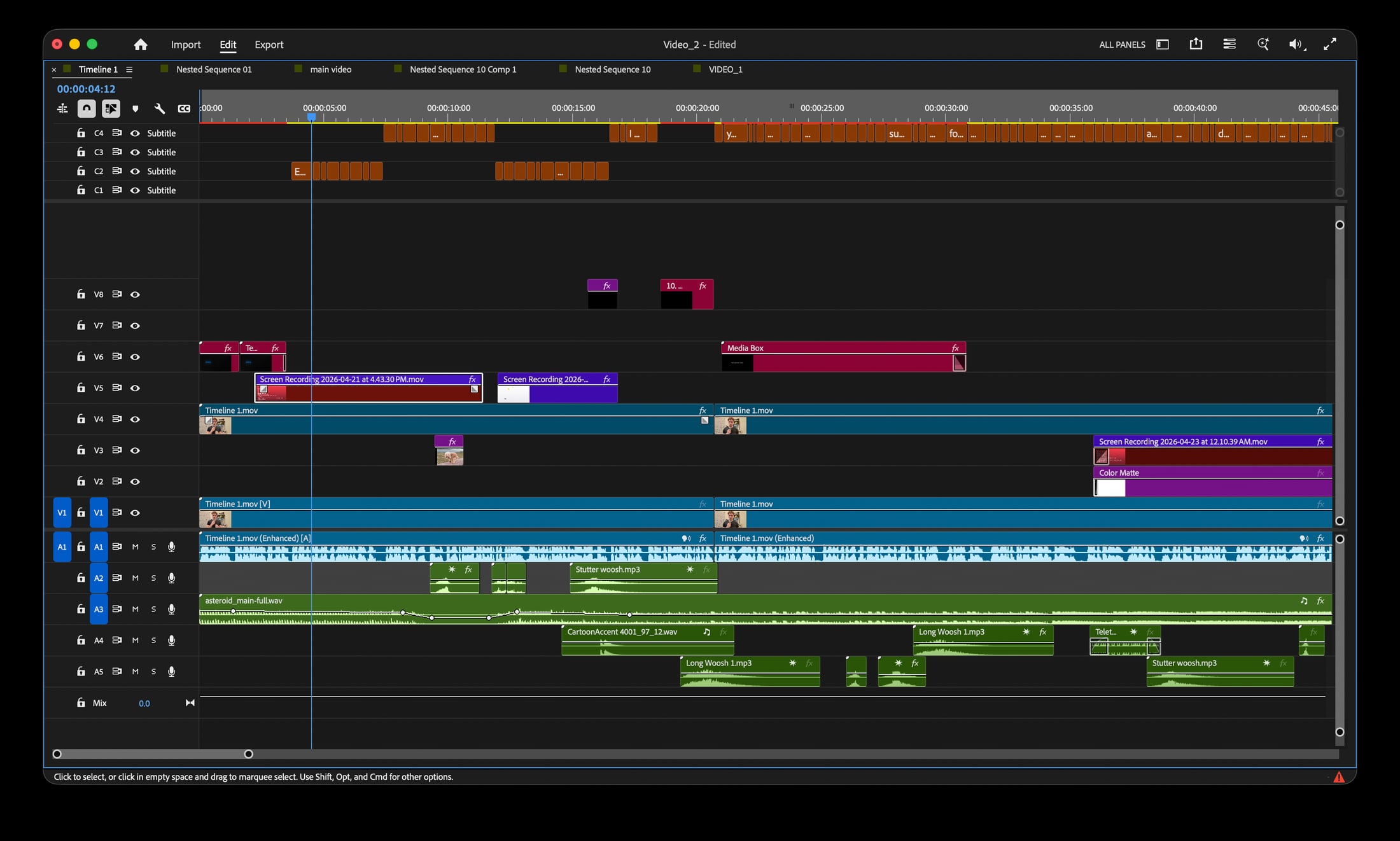 Layered GEODO Premiere timeline with captions, b-roll, sound effects, music, and motion assets