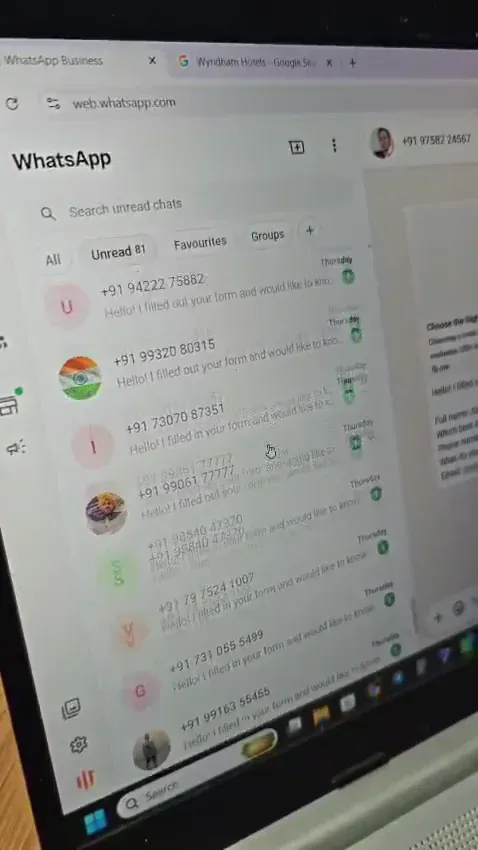 HotelFirst WhatsApp inbox showing 81 unread conversations