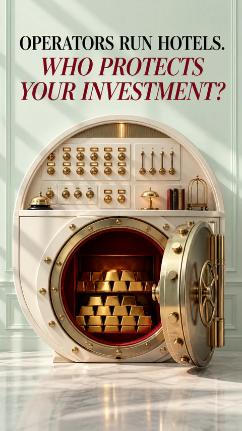 Hotel keys above an open vault. Operators run hotels. Who protects your investment?