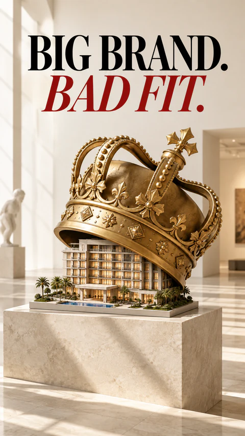 An oversized crown weighs on a small hotel. Big brand. Bad fit.