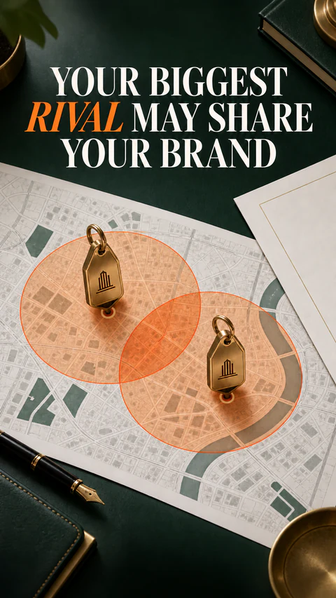Two hotel keys on overlapping maps. Your biggest rival may share your brand.
