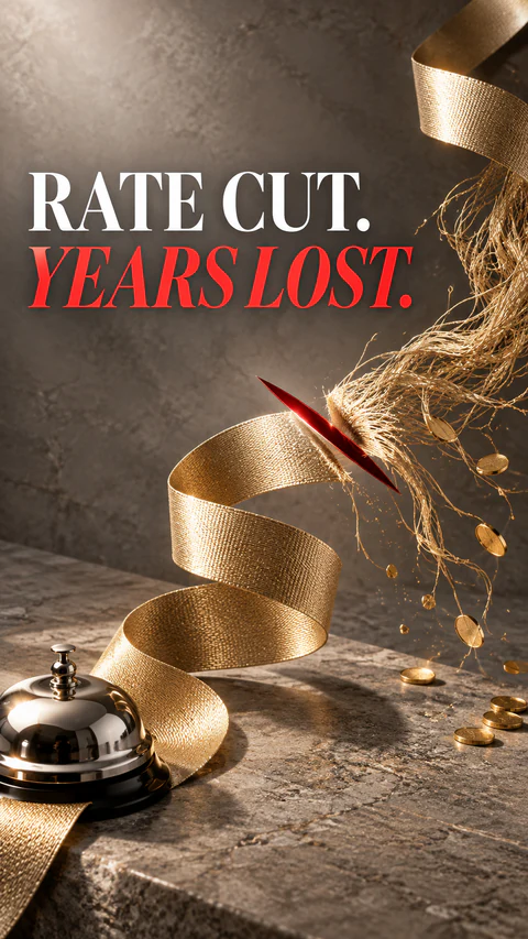 A cut gold ribbon unravels into coins. Rate cut. Years lost.