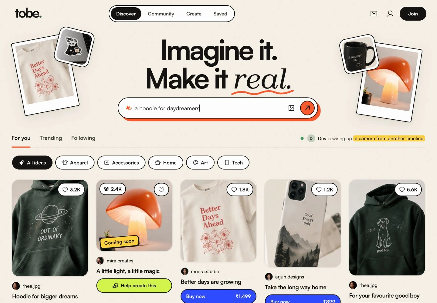 TOBE discovery homepage with a creative prompt and playful product photography