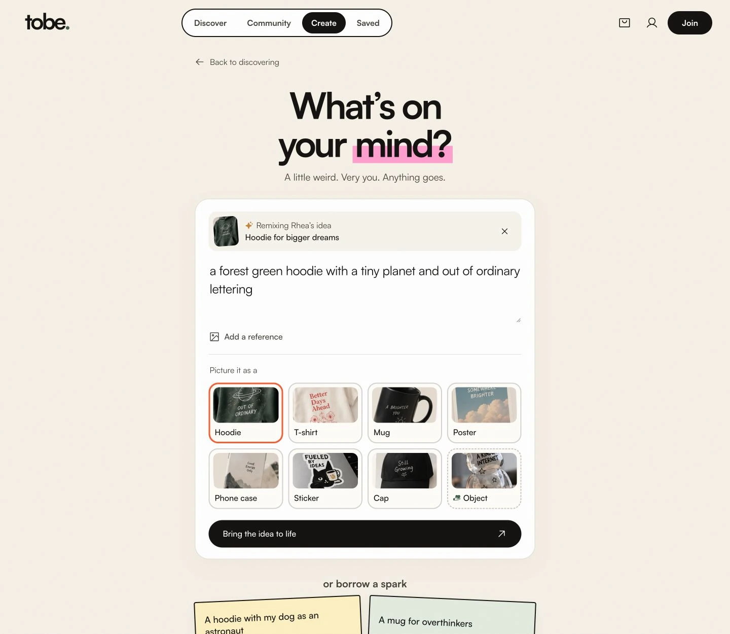 TOBE creation flow with the original idea and product choices
