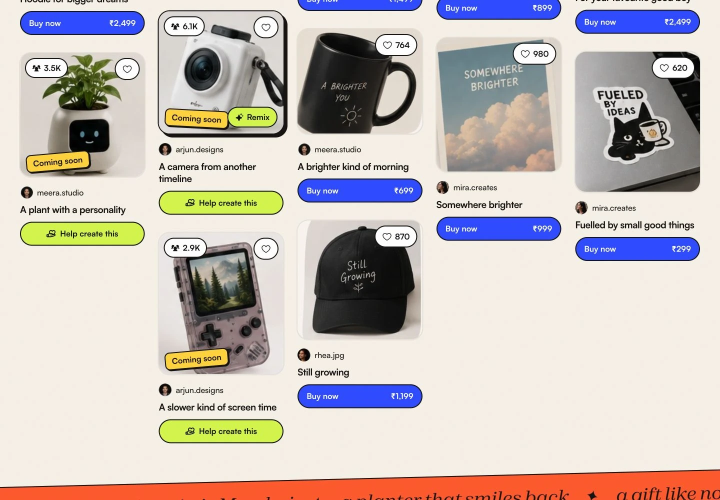 The TOBE discovery feed, with ready-to-order products and ideas seeking makers