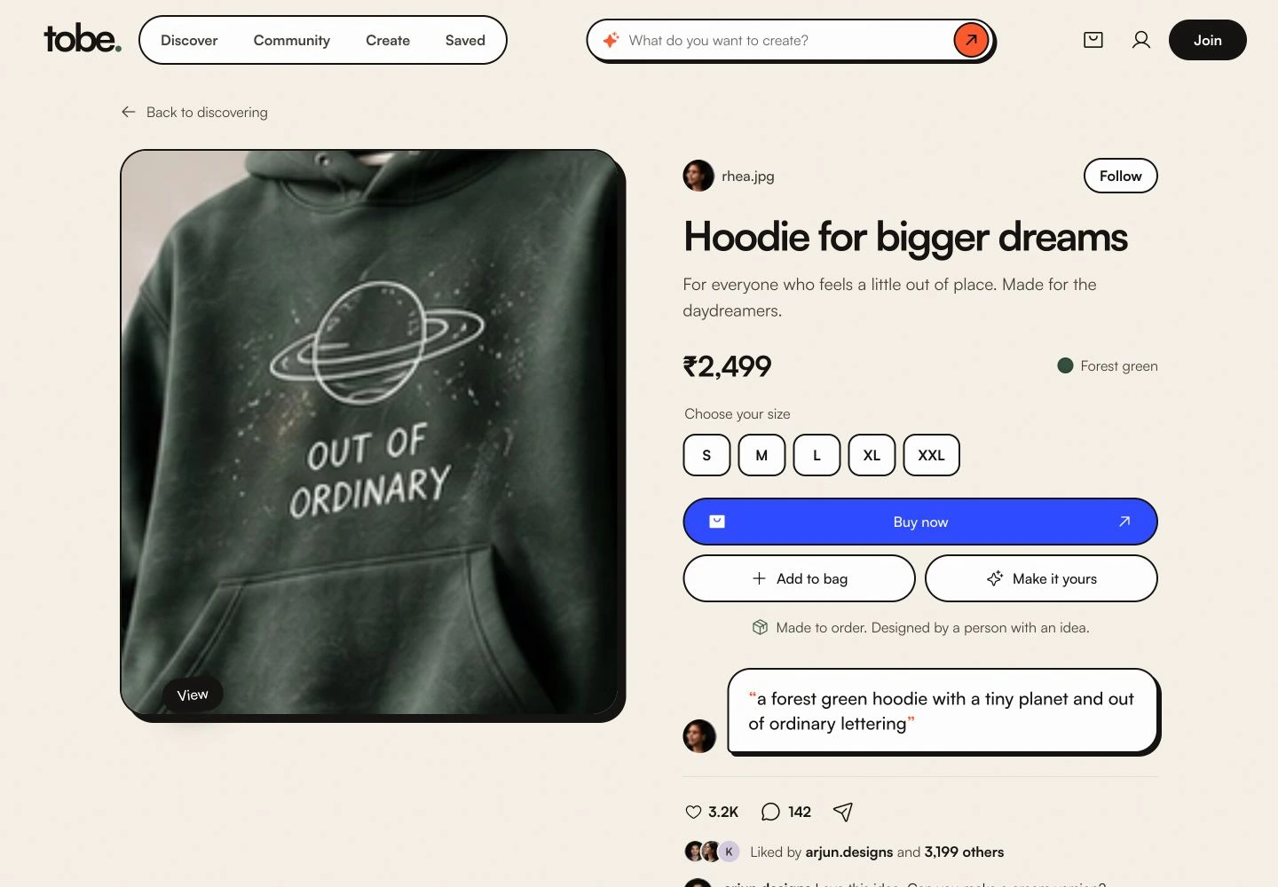 TOBE hoodie detail with creator credit, size choices, purchase and remix actions